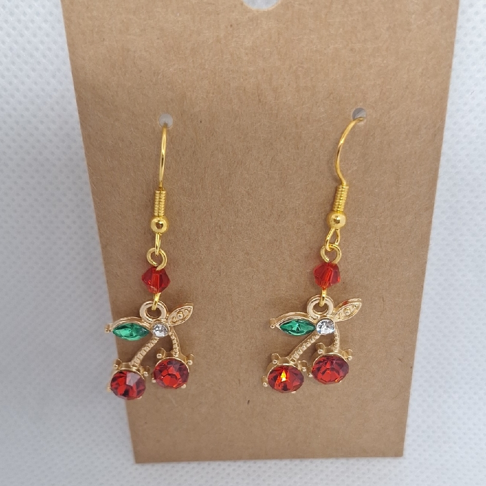 Elegant Gold Tone and Red Cherry Earrings
